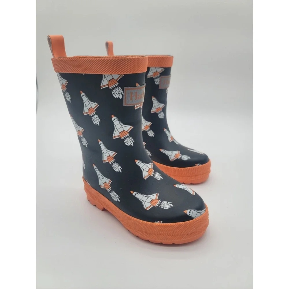 Hatley Space Shuttle Rain Boots Kids Size 8 Navy Orange‎ Waterproof Rubber